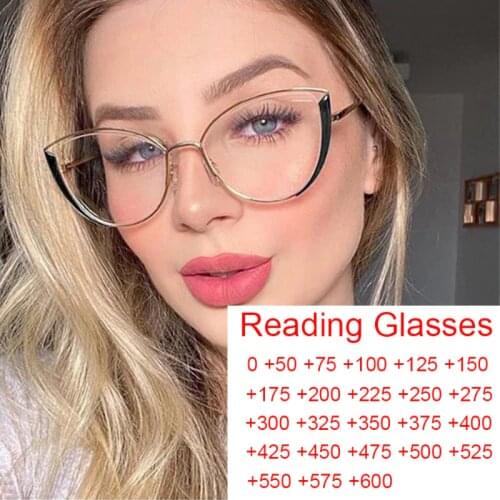 Fashion Alloy Cat Eye Anti Blue Light Computer Woman Reading Glasses Magnifying Presbyopia Eyeglasses Frame Degrees 0 TO +600