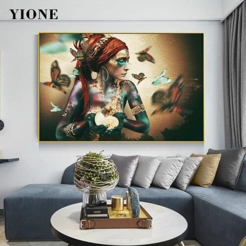 African Woman with Butterfly Wall Art Poster Retro Abstract Black Girl Canvas Painting for Living Room Bedroom Picture Prints