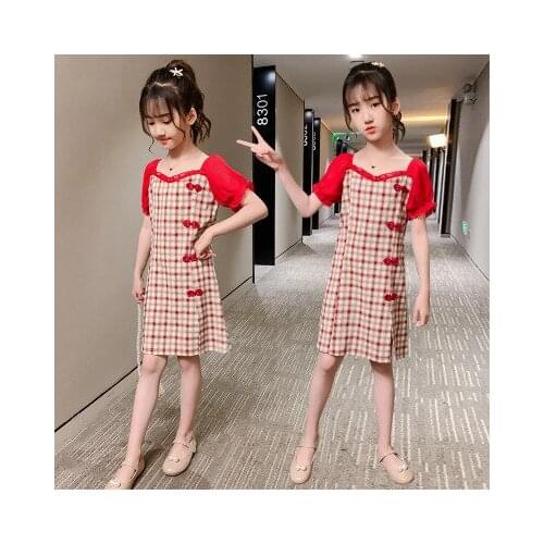 Summer new 5-11 year old girl in the big boy hand-made buckle lattice simple fashion retro cheongsam princess dress tide