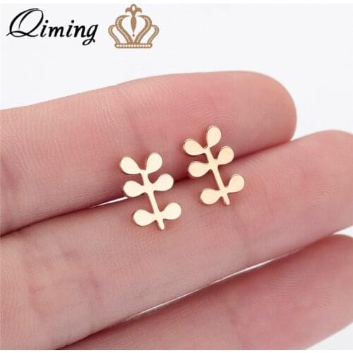 QIMING New Arrival Plant Stud Earrings for Women Little Grass Gold Metal Cute Earrings Fashion Jewelry Accessories