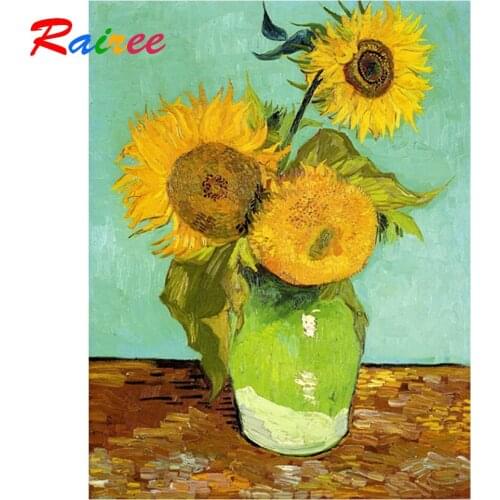 Rairee Van Gogh Famous Painting "3 Sunflowers in a Vase" 5D DIY Diamond Painting Diamond Embroidery Rhinestones Mosaic Picture