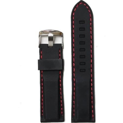 24mm Sport Black Silicone Red stitches Ladies Watch Band Straps WB1021A24JB