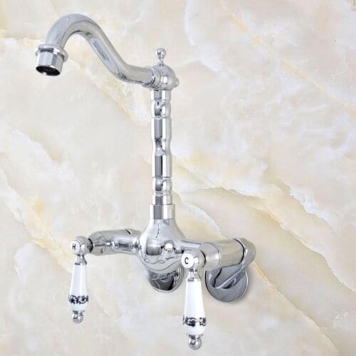 Silver Chrome Brass Wall Mounted Double Handles Bathroom Kitchen Sink Faucet Mixer Tap Swivel Spout - Adjusts From 3-3/8" aqg201