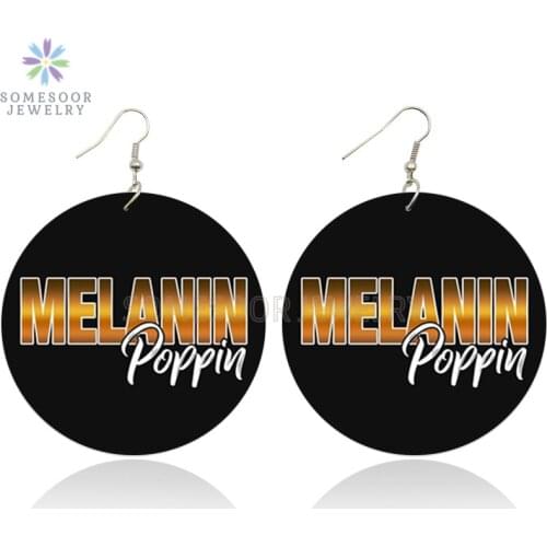 SOMESOOR Melanin Poppin African Black Wood Drop Earrings Afro Power Saying Words Design Both Sides Print Jewelry For Women Gift