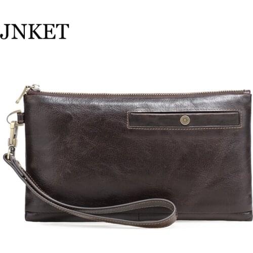 JNKET New Retro Mens Cowhide Clutch Handbag Long Wallet Business Bag Large Capacity Clutch Bag Detachable Wristlet
