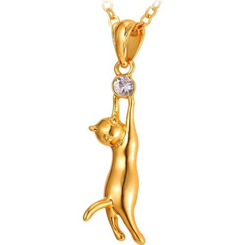 U7 Cute Cat Necklace Rhinestone with Chain Girls Charm Smooth Collarbone Necklace Pendant Animal Fashion Jewelry Gift