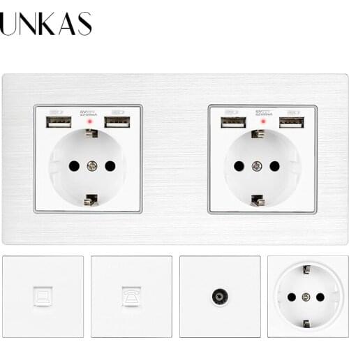 UNKAS EU / French Wall Socket Dual USB Port + Female TV RJ45 Internet RJ11 Telephone Jack 172*86 Hidden Soft LED Aluminum Panel