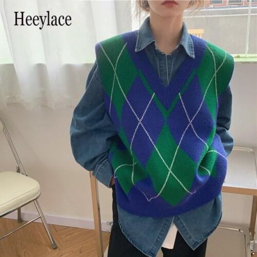 2021 Spring Autumn New Women Sweaters Pullover V-Neck Sleeveless Oversize Knitted Checkered Vintage Lady Vest