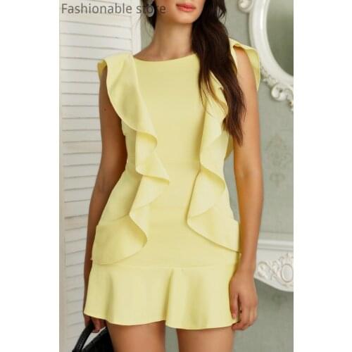 Women Elegant Round Neck Ruffles Open Back Sleeveless Mini Dress