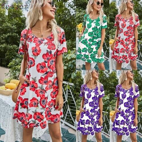 FEOGOR Short dress 2021 summer new style casual womens slim rose print pocket short sleeve dress Plus size dress Sexy dress
