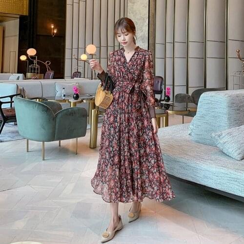Autumn New V-neck Vintage Floral Print Dresses Womens High Waist Full Sleeve Chiffon Female A-line Lace Up Dress Vestidos s749