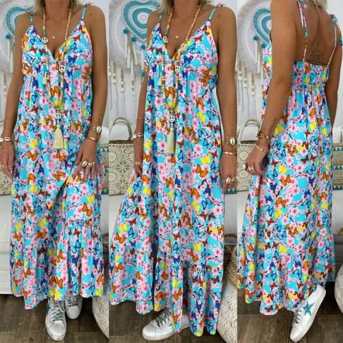 2019 Womens Boho Floral Maxi Dress Party Strappy Spaghetti Strap Summer Beach Holiday Sling Sundress Plus Size Dresses S-5XL