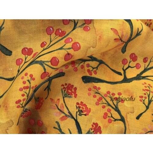 Brilliant yellow linen printed fabric dress cheongsam retro fabric High-end linen fabric