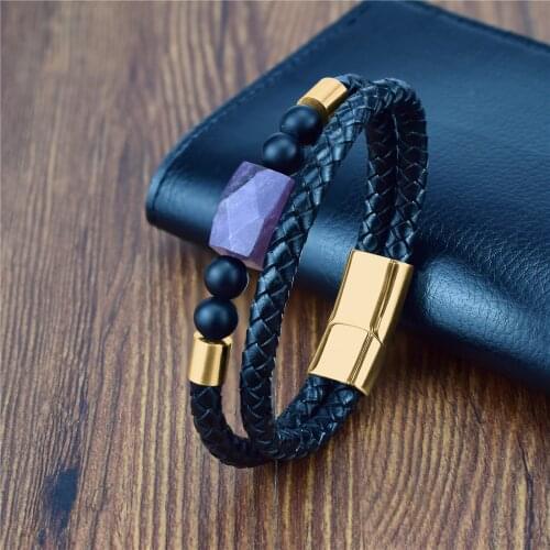 Unique Shape Natural Purple stone Mens Beads Bracelet Black Genuine Leather Bracelets for Men Jewelry Magnetic Clasp