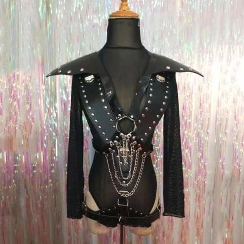 Black Leather Rivet Armor Metal Chain Bodysuit Punk Female Singer Lead Dancer Jazz Modern Dance Costume Nightclub Bar Stage Wear