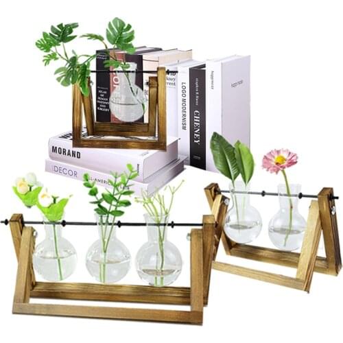 Terrarium Hydroponic Plant Vases Vintage Flower Pot Transparent Vase Wooden Frame Glass Tabletop Plants Home Bonsai Decor