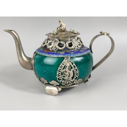 Exquisite Chinese Collectible Decorated Classical Handmade Green Jade Stone Inlaid with Tibetan Silver Dragon Monkey Lid Teapot