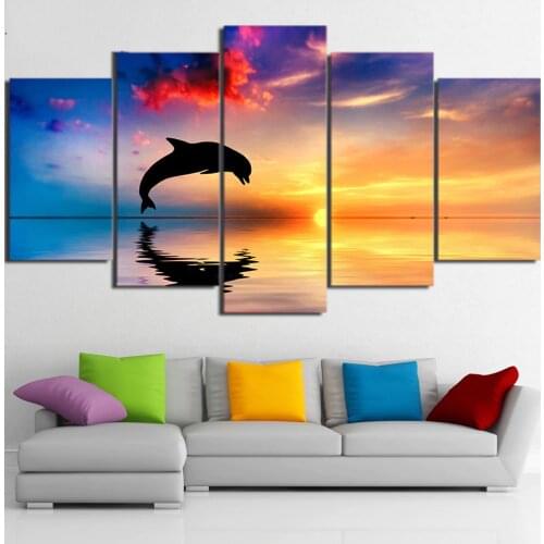 Tableau Wall Art HD Printed Pictures Canvas 5 Panel Dolphin Sunset Landscape Home Decoration Modern Paintings Modular Posters