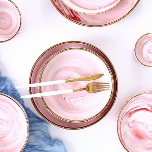 1PCS Pink Marble Ceramic Dinner Dish Plate Rice Salad Noodles Bowl Soup Porcelain Plate Dinnerware Sets Tableware Kitchen Tool
