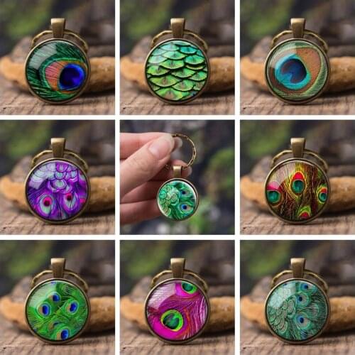 Beautiful Peacock Feather Key Chains Mandala Glass Cabochon Buddhism Pendant for Men Women Children Creative Gift Holder Keyring
