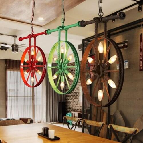 Creative personality Retro industry iron bar art wheel loft retro industrial wind bar green red Pendant Lights GY78