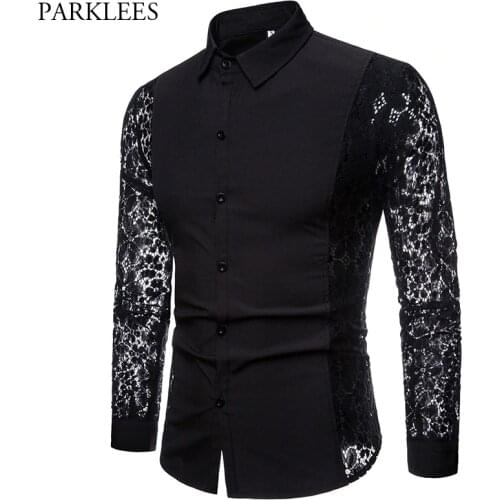 Mens Flower Patchwork Embroidery Lace Shirt 2019 Fashion Transparent Sexy Dress Shirts Mens See Trough Club Party Event Chemise