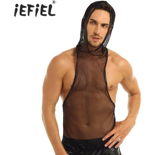 IEFiEL Mens Fishnet Tops See-through Super Light Hooded Vest Waistcoat Tank Top Clubwear Undershirt Wetlook Mens Clothing