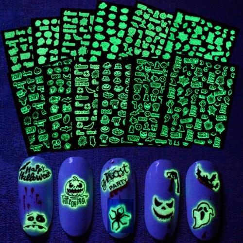 Halloween nail sticker 3D luminous white black colors for night party ghost pumpkin spider design slider nail decal YJ039