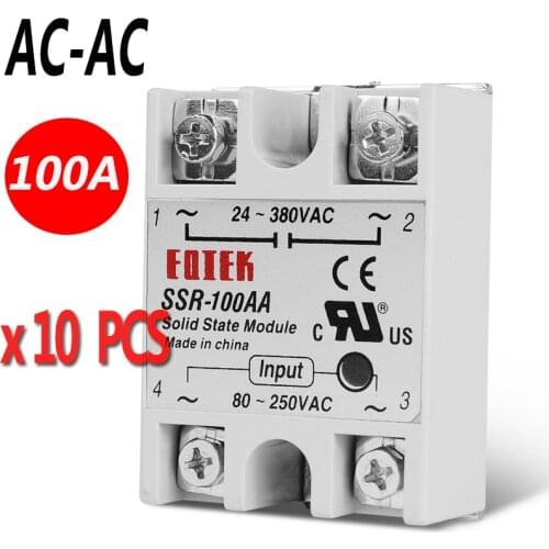 10Pcs 100A Single Phase Solid State Relay AA SSR-100AA SSR 80-250VAC TO 24-380VAC AC-AC