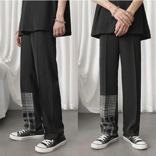 Autumn Plaid Stitching Suit Pants Mens Baggy Straight Trousers Draping Korean Student Non-Ironing Suit Pants Black Dress Pants
