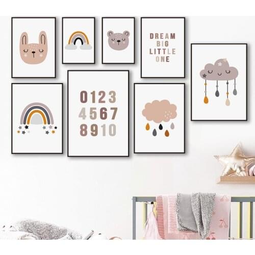 Rainbow Clouds Bear Rabbit Digital Meter Wall Art Canvas Painting Nordic Posters And Prints Wall Pictures For Living Room Decor