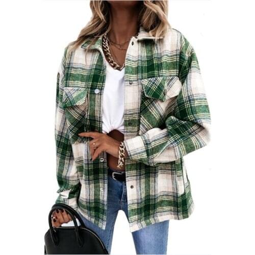 Ladies Vintage Spring Autumn Pocket Oversized Plaid Shirt Women Lapel Long Sleeve Street Loose Women Blouse Shirts Female Tops