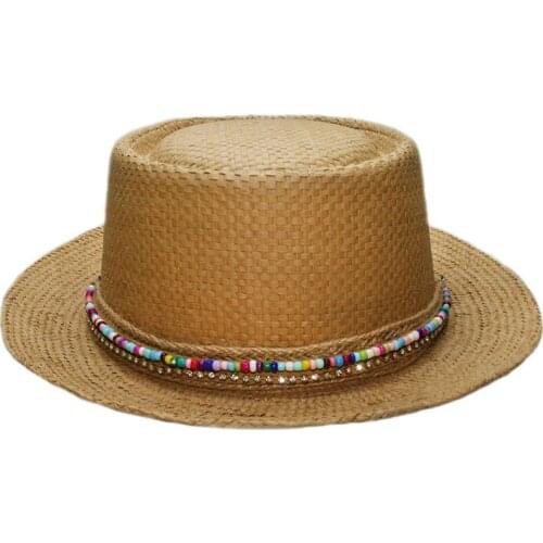 Big Size Women Men Summer Fashion Raffia Straw Pork Pie Pork-pie Sun Hat Beach Boater Cap Wood Bead Knitted Band 57-60cm