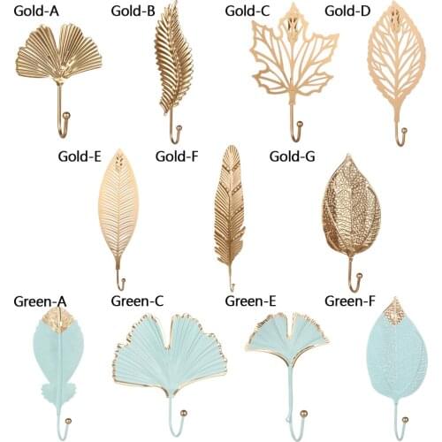 Nordic Style Wrought Iron Hook Leaf Shape Hanging Storage Rack Hanger Home Decoration Bathroom Organization Gold/Green/Golden