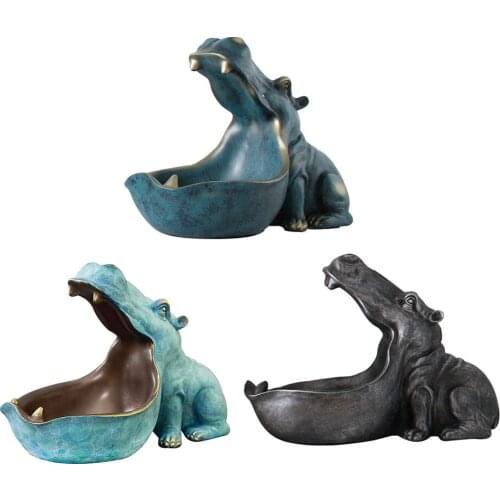Resin Hippo Statue Hippopotamus Sculpture Figurine Key Candy Container Decoration Home Table Decoration Accessories