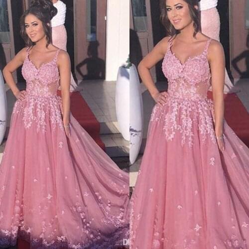 SuperKimJo Lace Applique Pink Prom Dresses 2020 Handmade Flowers V Neck Elegant Prom Gown Vestidos De Graduacion Largos 2019