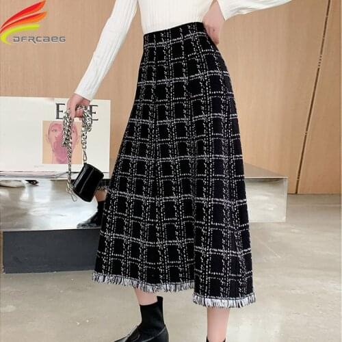 New 2020 Autumn Winter Long Woolen Skirt Women New Fashionable High Waist Plaid Skirt With Tassel Black Red White Maxi Skirts