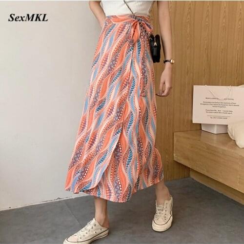 2021 Fashion Bohemian High Waist Floral Print Summer Skirts Womens Boho Chiffon Wrap Skirt Elegant Maxi Long Skirts for Women