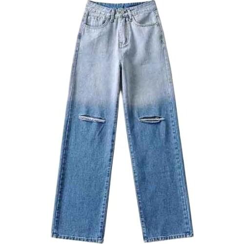 2021 Summer New Womens Style Jeans with Holes In High Waist and Straight Tube Slim Gradient Wide Leg Pants DLZK214