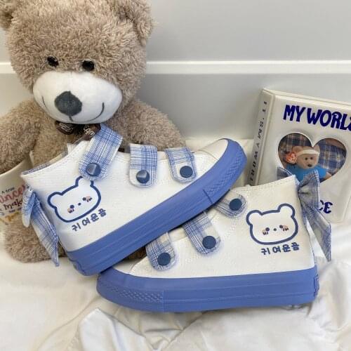 Womens high-top canvas shoes 2021 spring and autumn new Japanese cute and sweet bow thick-soled velcro casual shoes