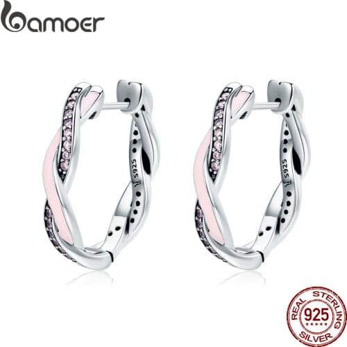 BAMOER Authentic 925 Sterling Silver Pink & Clear CZ Twist Of Fate Hoop Earrings for Women Fashion Earrings Fine Jewelry Gifts