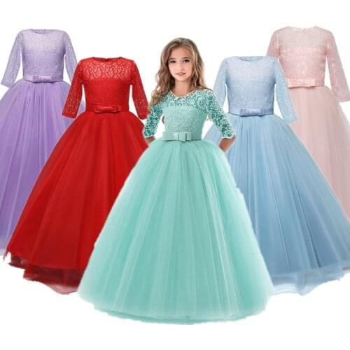 Winter Full Sleeve Dress For Kids Party Wedding Vestidos Flower Lace Girl Dresses Teenager Girl Ball Gowns Children Costume