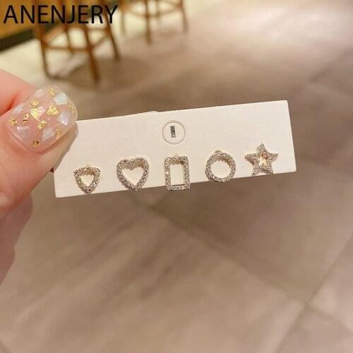 ANENJERY 5 pieces/set Star Heart Star Circle Earrings Set 925 Sterling Silver Micro-Inlaid Zircon Simple Geometric Ear Studs