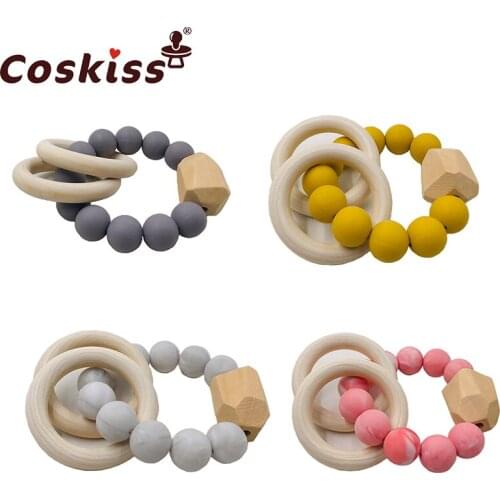 Baby Teether Bracelet Organic Wooden Ring Natural Teething Grasping Toy Silicone Bead Toddler Teether Newborn DIY Baby Gift