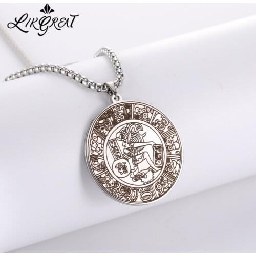 Mayan Circle Mexican Hieroglyph Maya Inspiration Pendants Necklace for Men Stainless Steel Talisman Long Chain Jewelry Gifts New