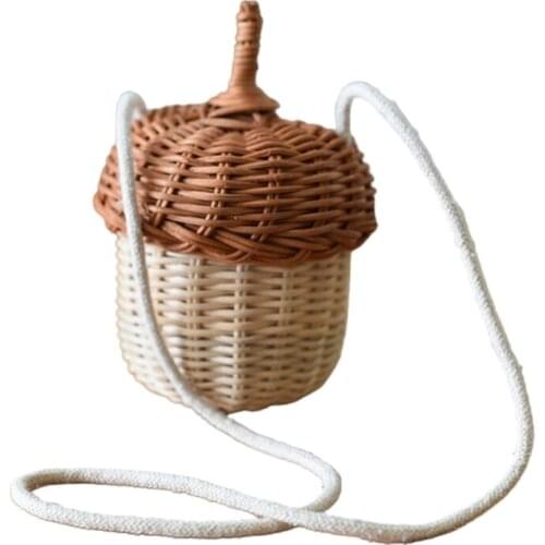 Handwoven Round Rattan Bag Bucket Tropical Beach Style Woven Shoulder Rattan Bag Photo Props