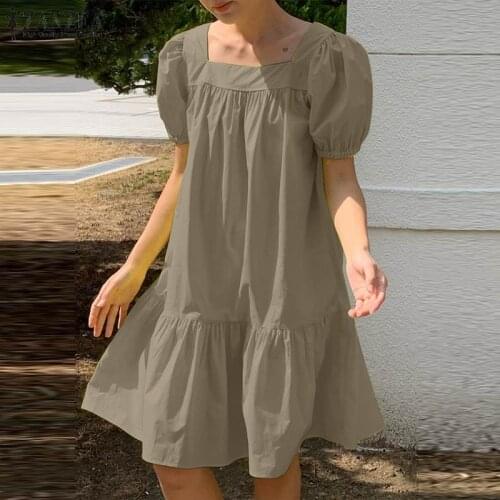 2021 Summer Women Solid Ruffle Mini Dress ZANZEA Short Puff Sleeve Sundress Fashion Square Neck Female Holiday Beach Kaftan
