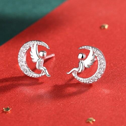 925 Sterling Silver Angel Moon Stud Earring for Women Girl Wedding Gifts Jewelry pendientes plata de ley 925 mujer eh1370