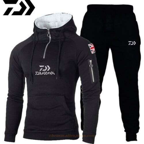Daiwa Men Fishing Hoodie Suits Winter Warm Fishing Sweatshirt Fishing Set Coat+pants Thick Fleece Sport Wear Fishing Clothing
