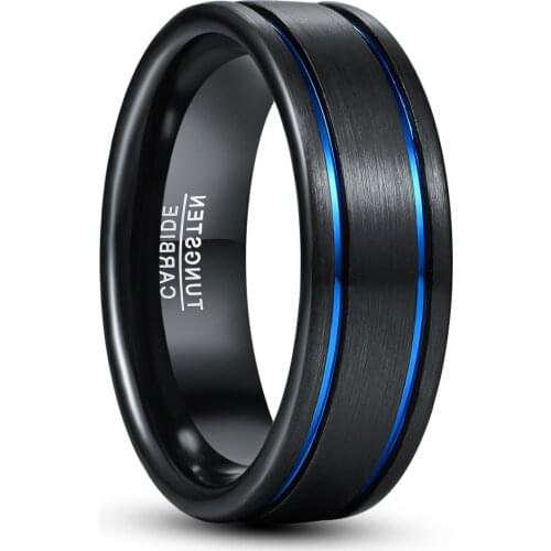 NUNCAD Retro Round Blue Circle Groove Men Tungsten Carbide Rings Black High Polish Tungsten Ring Bijoux de Luxe AAA Quality